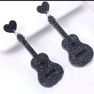 🎸 Black Guitar Glitter Acrylic Drop Earrings Music Design Punk Style